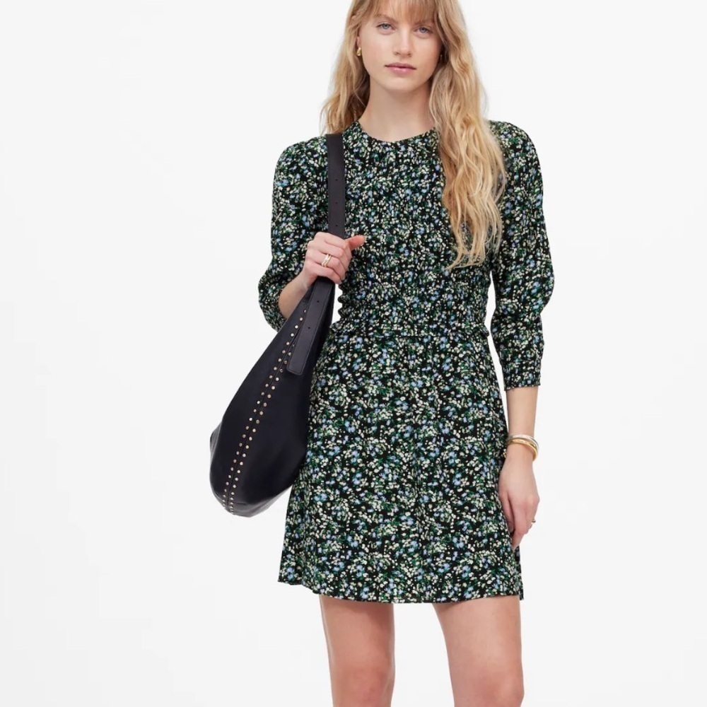 Madewell Smocked Mini Dress in Floral meadow Ditsy Black
